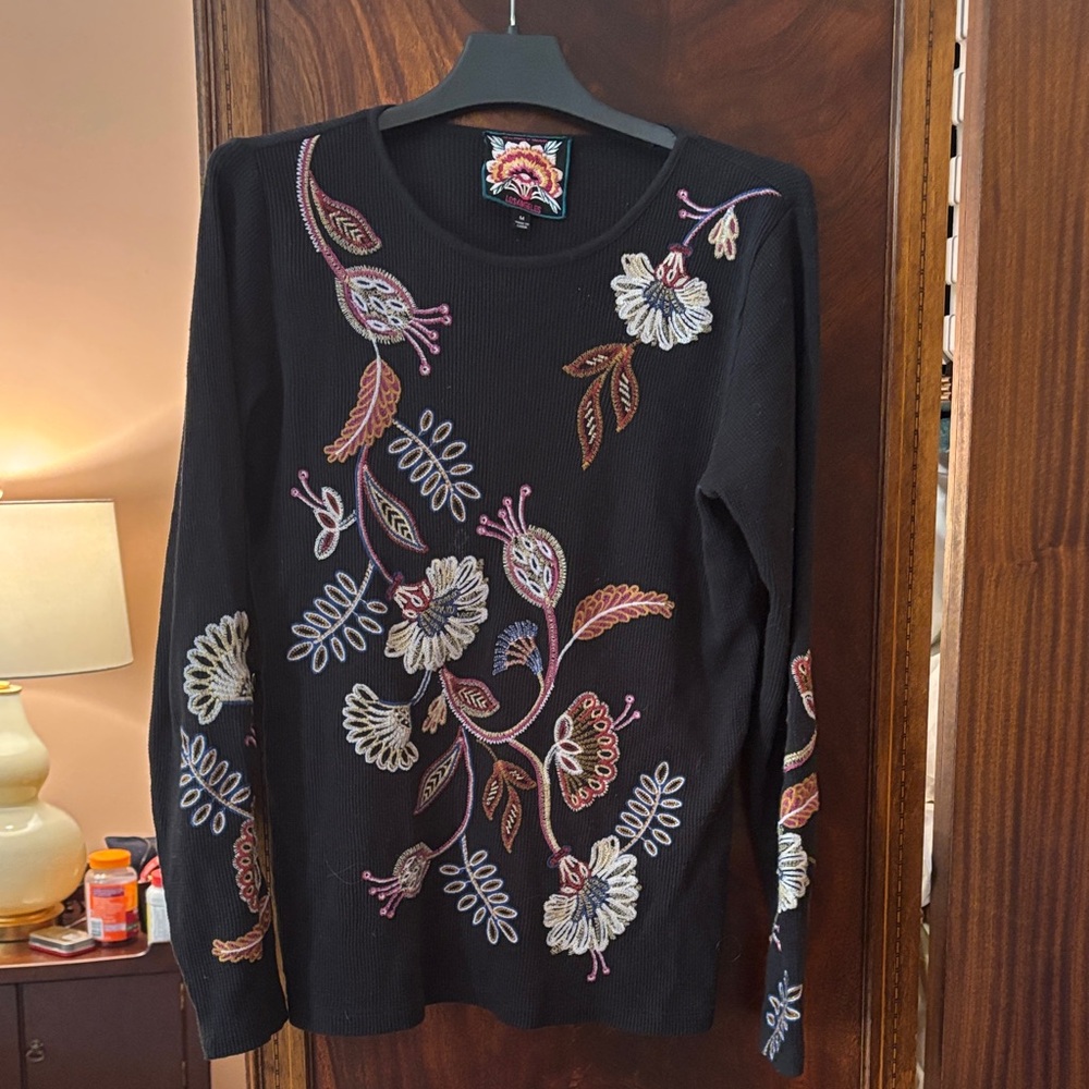 Johnny Was Black Floral Embroidered Sweater